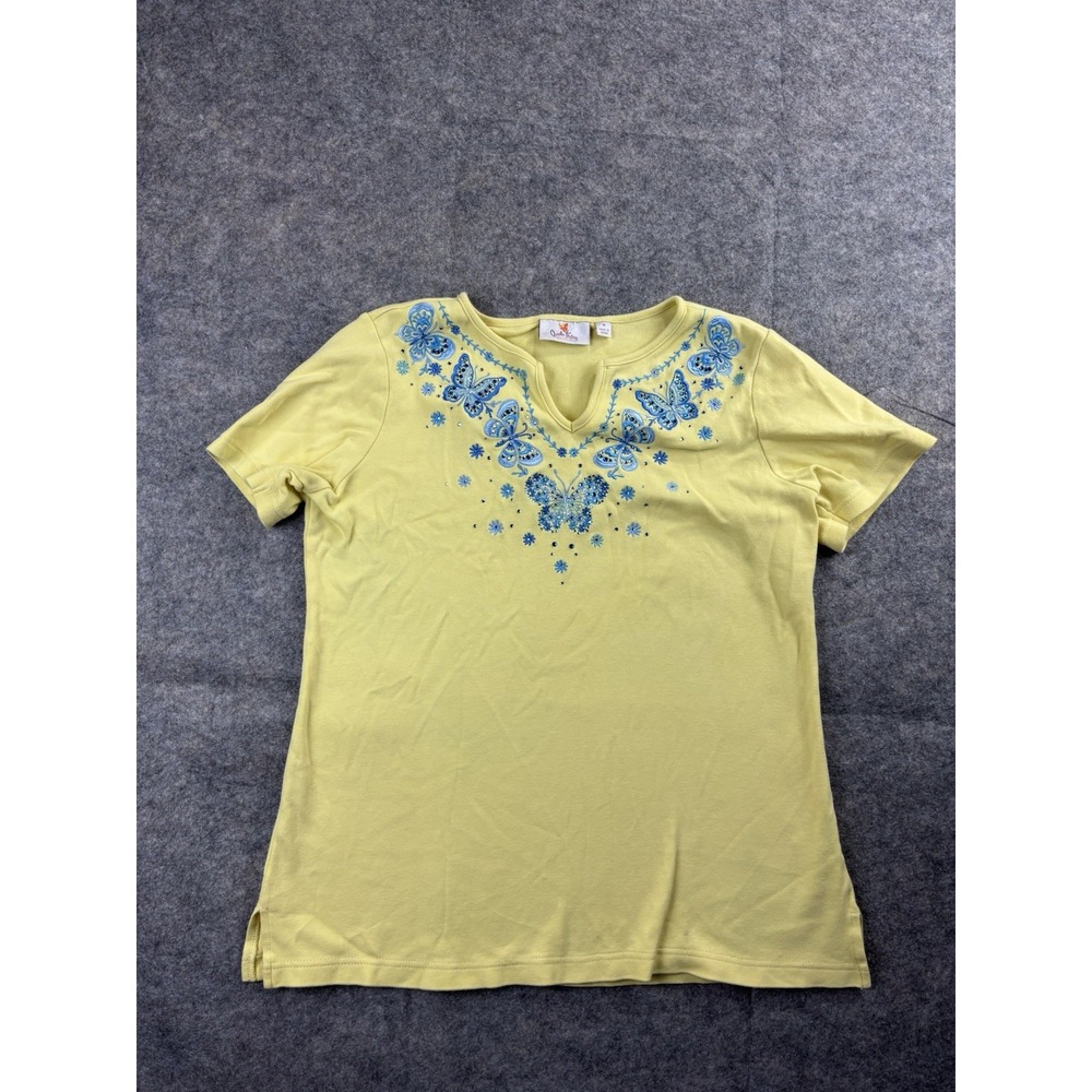 Quacker Factory T Shirt Top Womens M Rhinestone Floral Embroidered Butter Yellow